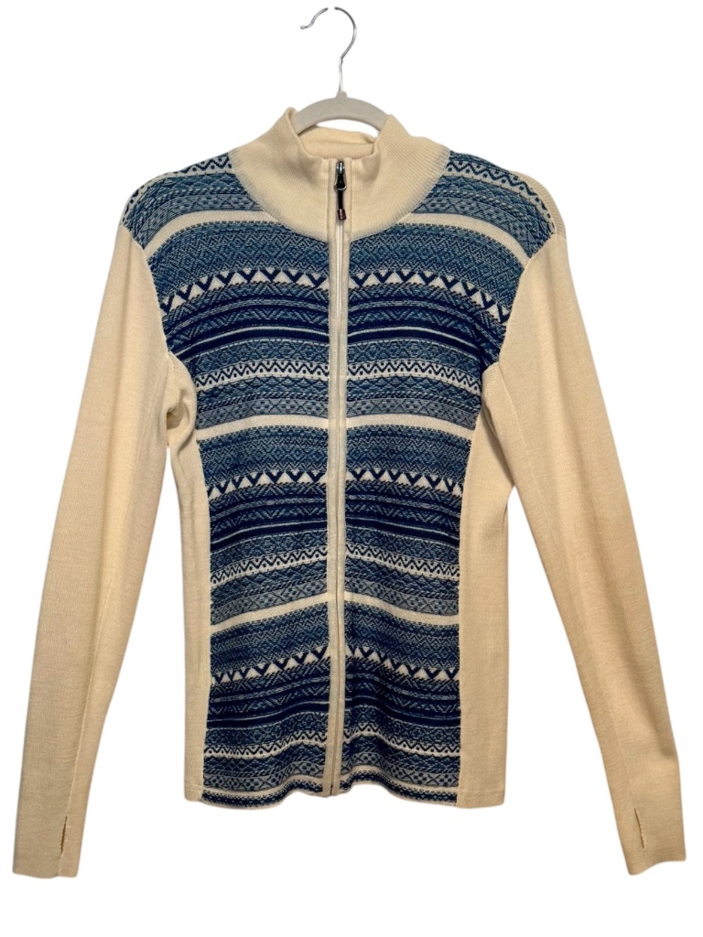 Obermeyer Marino Wool Blend Fair Isle Nordic Mock Neck Full Zip Sweater Medium
